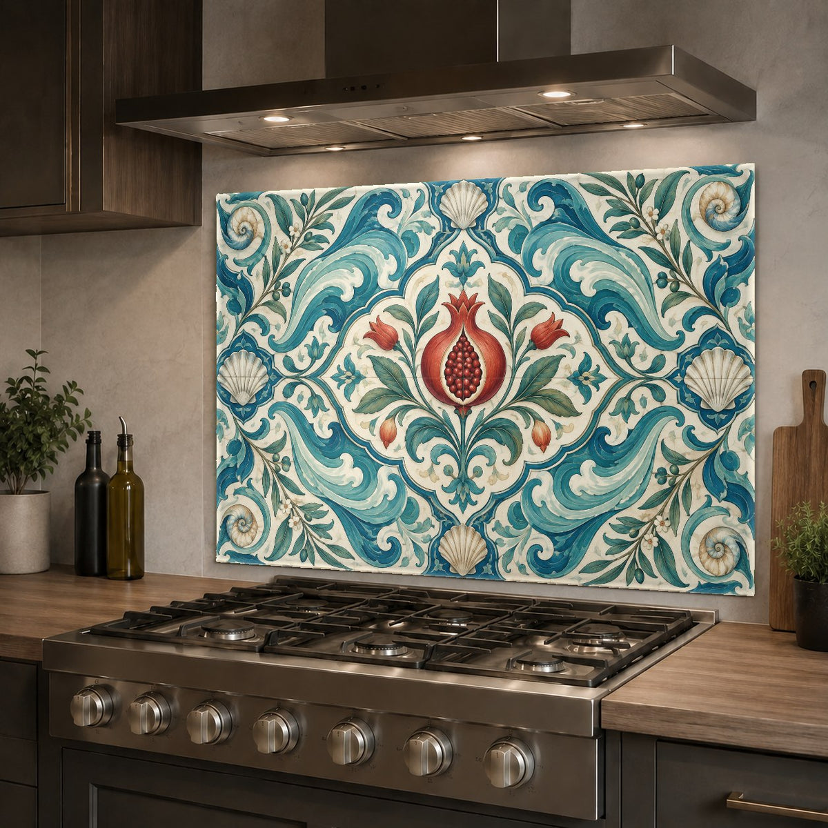 Pomegranate abstract art kitchen backsplash mounted on a white tile kitchen wall