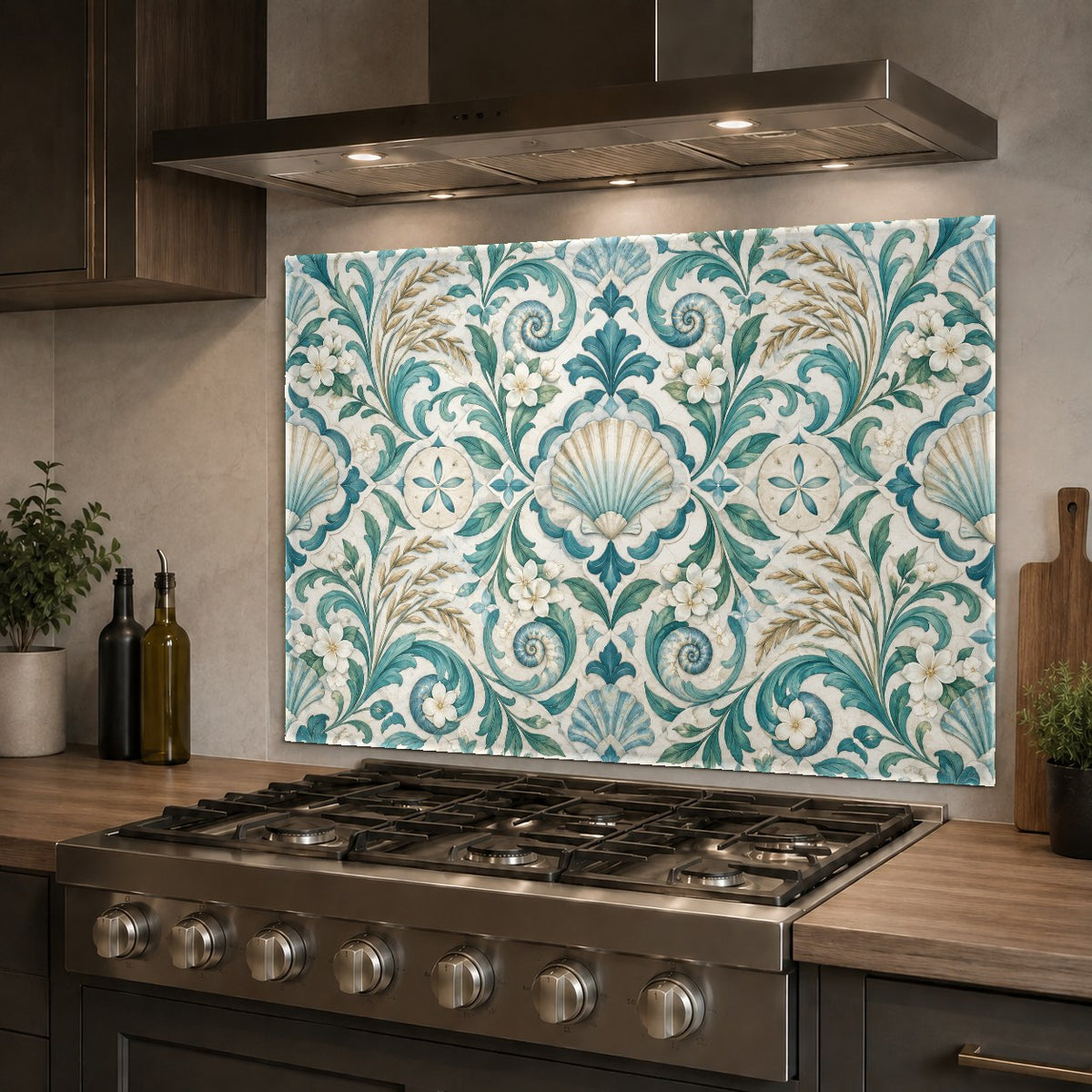 Waterproof seashell damask glass backsplash panel mounted on the wall behind a kitchen sink.