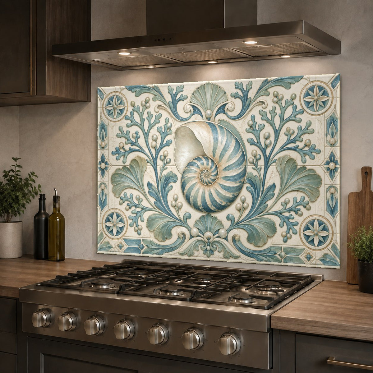 A bright seaside kitchen featuring a nautilus shell design glass backsplash behind the sink.