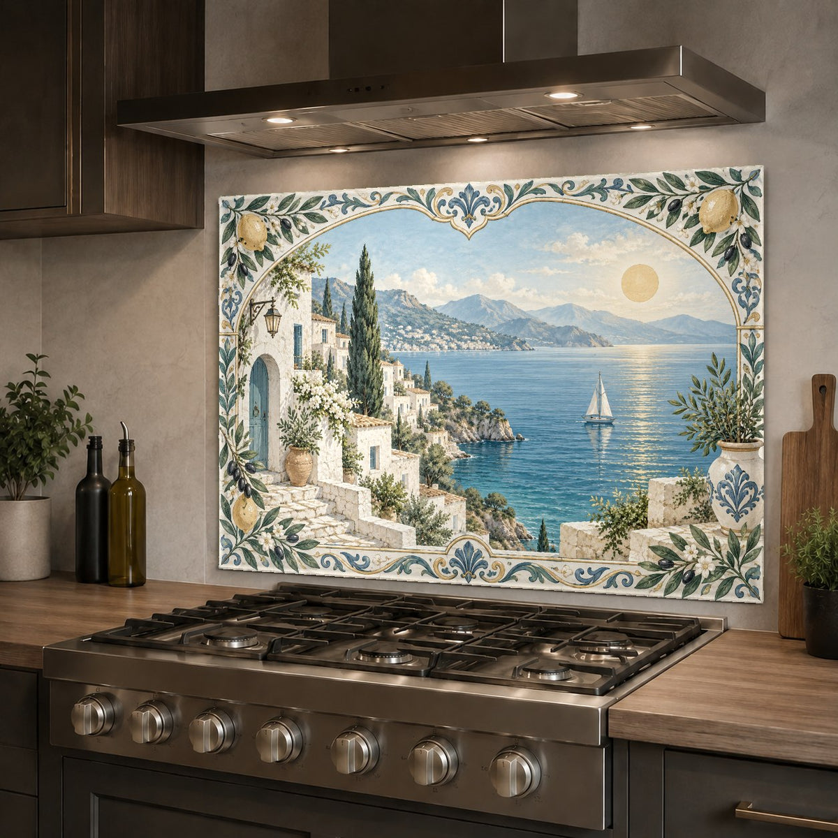 Vibrant Amalfi lemon terrace glass backsplash brightening up a white tiled kitchen sink wall.