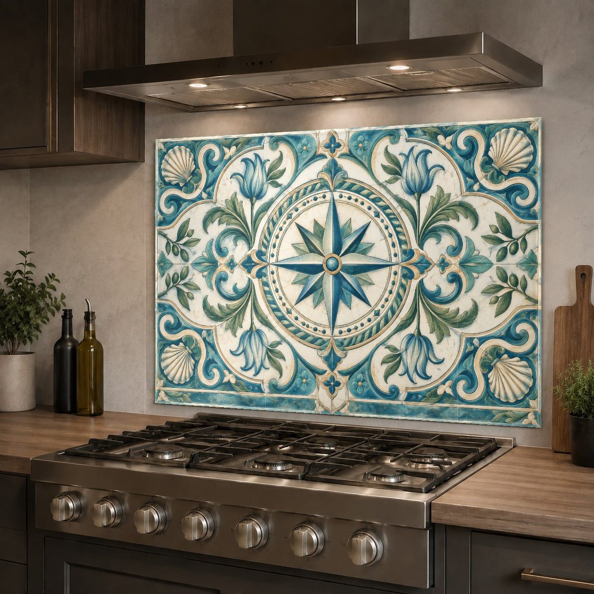 Close-up of a heat-resistant compass rose glass backsplash protecting the wall behind a sleek professional stove.