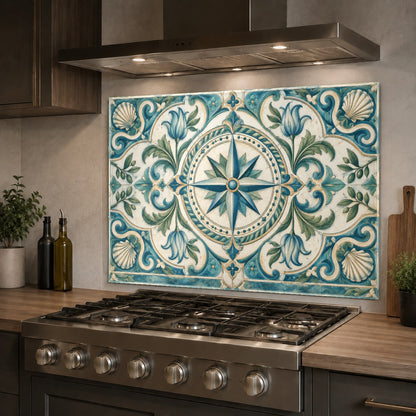 Close-up of a heat-resistant compass rose glass backsplash protecting the wall behind a sleek professional stove.