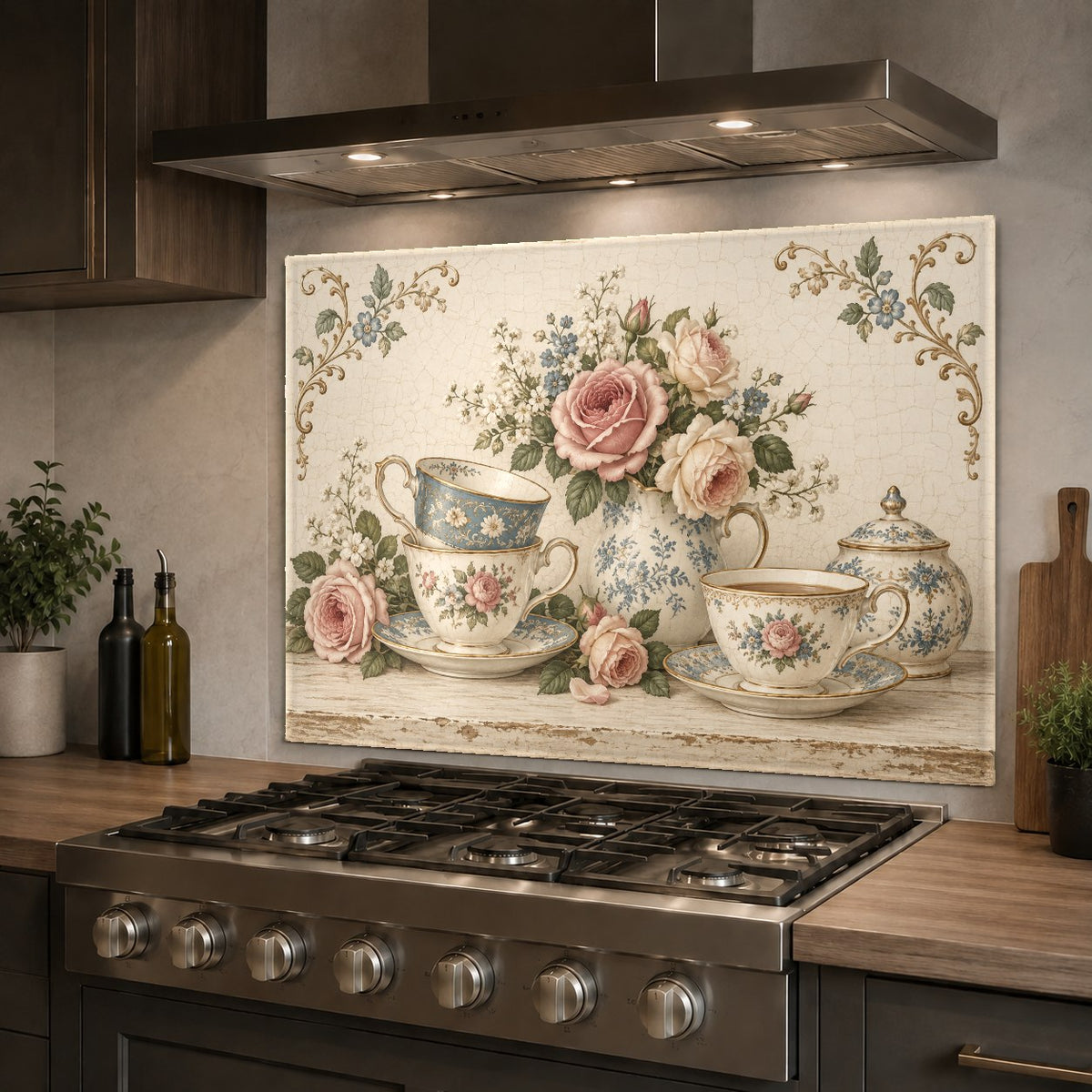 Rose Teacups kitchen glass backsplash protecting the wall behind the sink