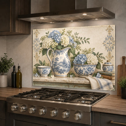 Hydrangea botanical kitchen glass backsplash behind a kitchen sink wall
