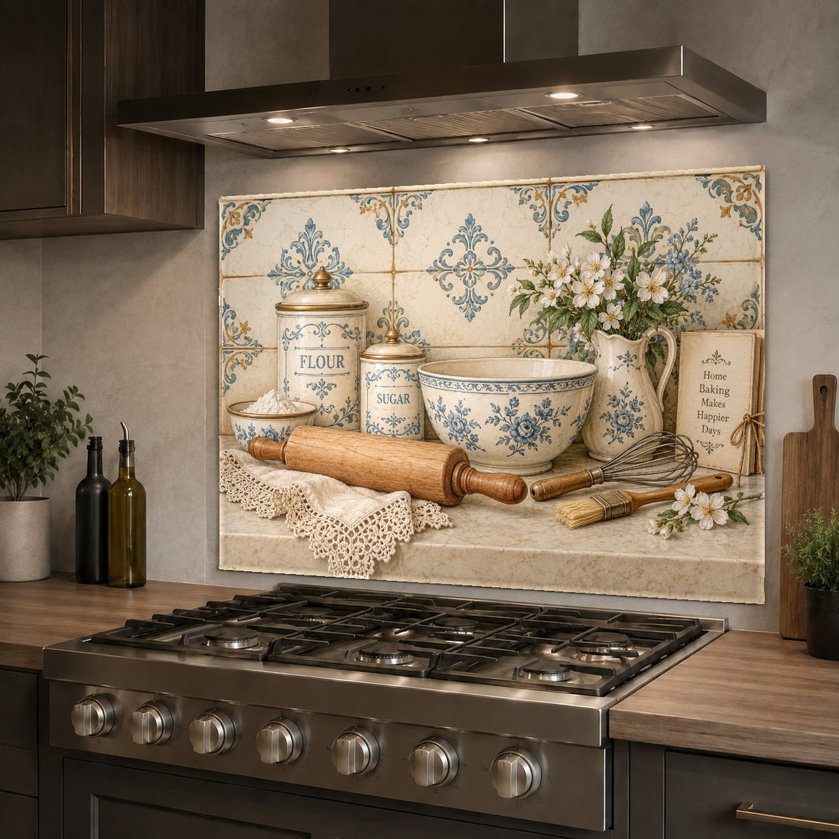 Baking Canisters glass kitchen panel installed on a sink wall