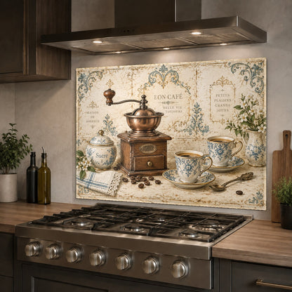 Cafe style glass backsplash panel installed behind a stainless steel kitchen stove
