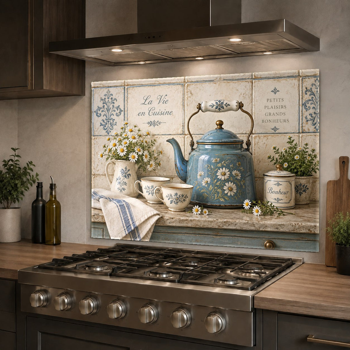 Floral tea kettle glass backsplash panel mounted over kitchen range