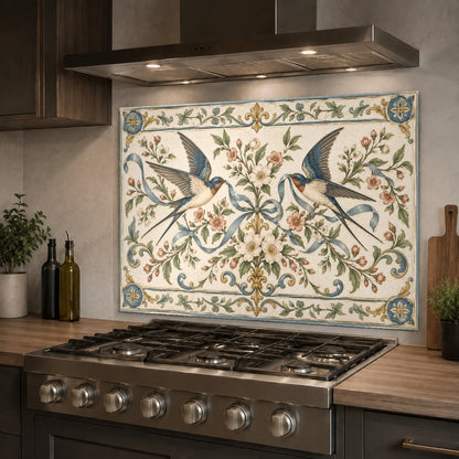 Swallow Ribbon tempered glass backsplash mounted on the main kitchen sink wall