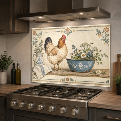 Country kitchen glass panel featuring a hen installed above a kitchen sink
