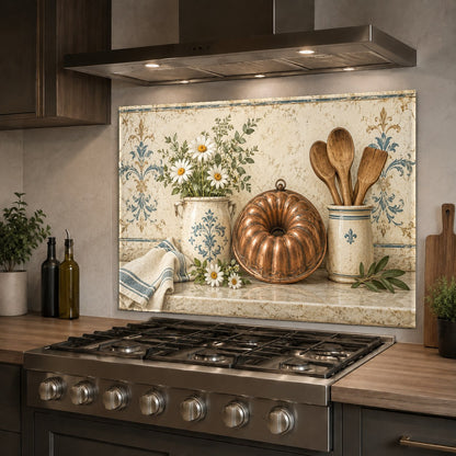 Heat resistant glass backsplash behind kitchen cooktop