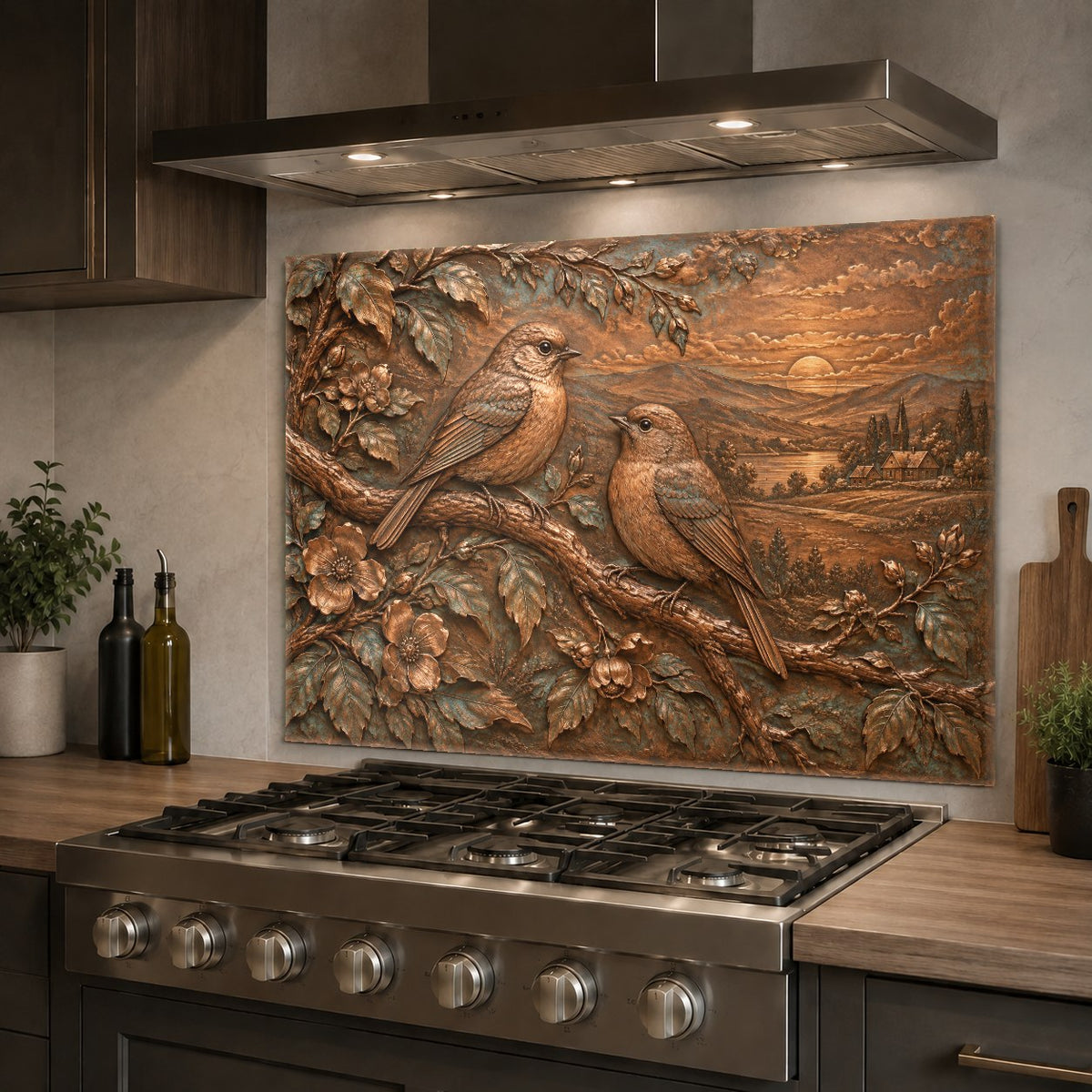 Botanical songbird kitchen glass panel mounted on a clean white subway tile wall