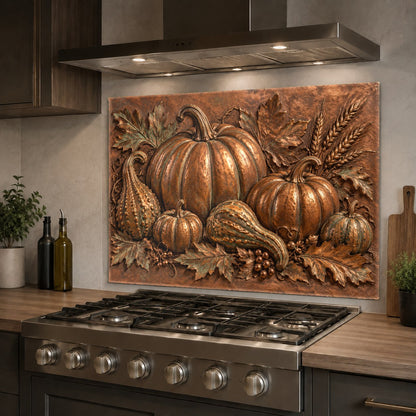 Tempered glass kitchen backsplash with pumpkin harvest design behind a kitchen sink wall