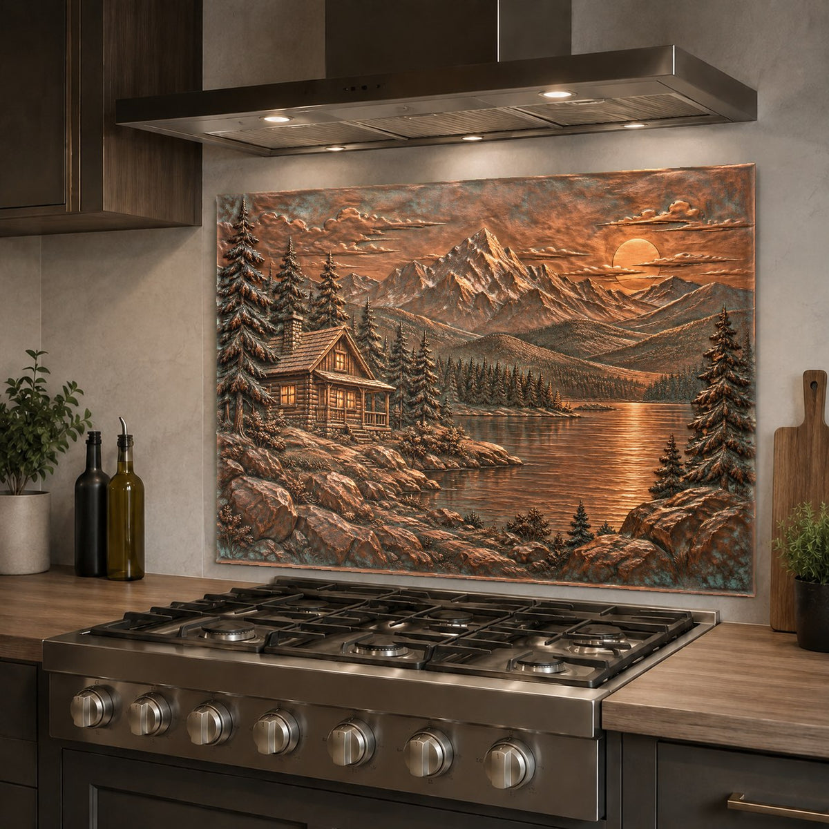 Rustic lake cabin glass kitchen panel mounted on the main sink wall