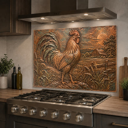 Farmhouse style glass backsplash panel mounted over a kitchen sink washing station