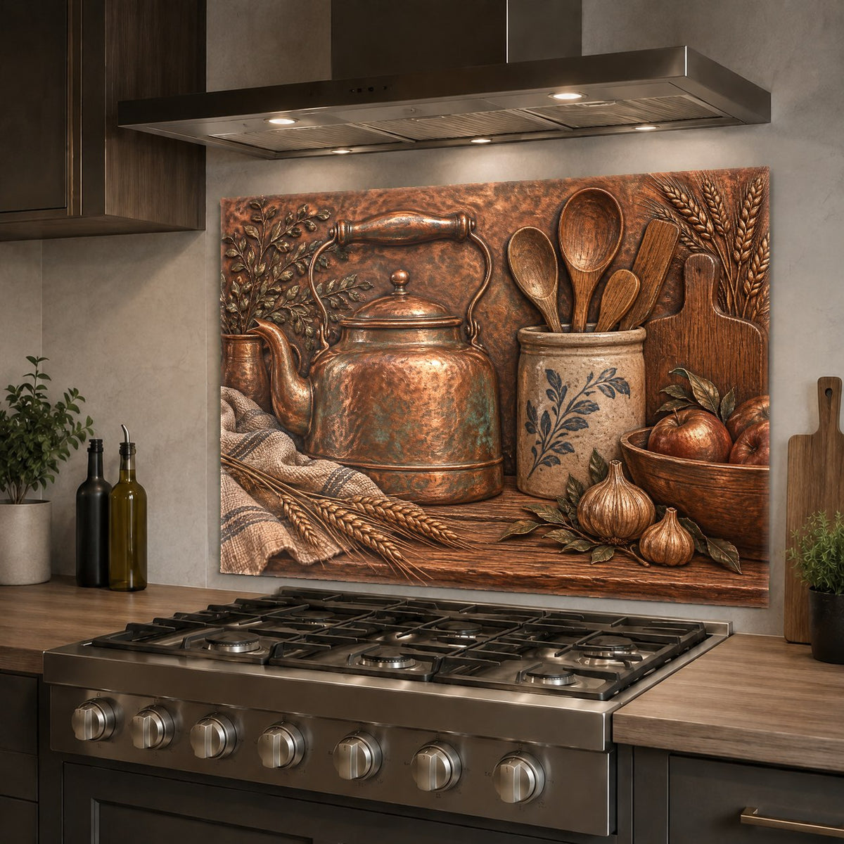 Close-up of a copper kettle glass backsplash highlighting its heat-resistant high-gloss finish