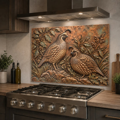 Earthy bird print glass backsplash protecting a kitchen sink wall