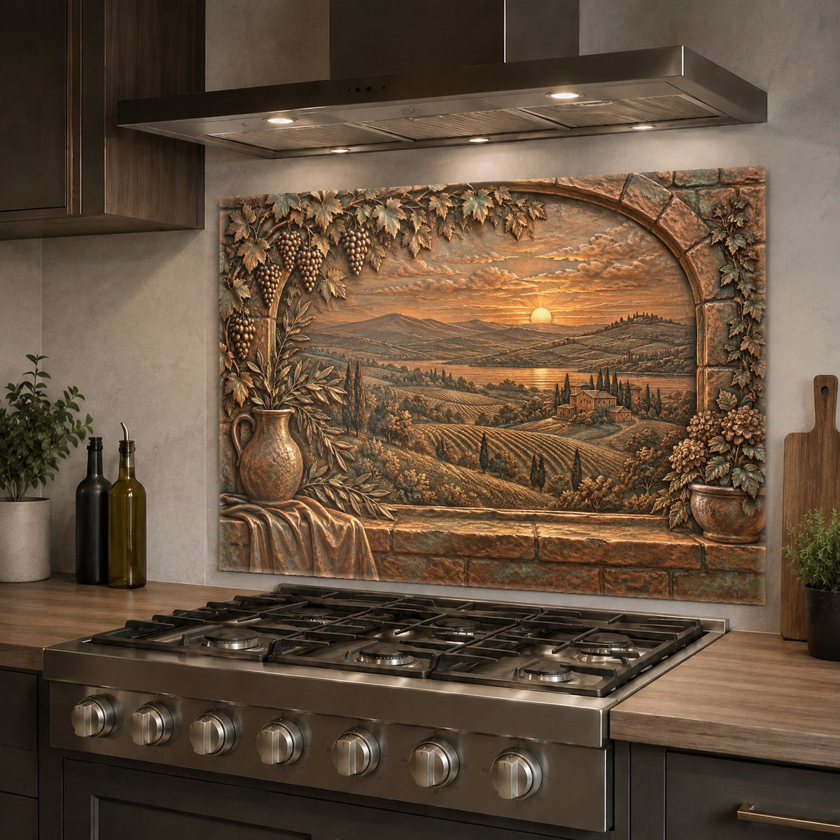 Tuscan archway kitchen glass panel protecting the wall behind a farmhouse sink