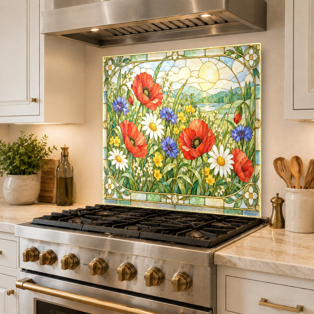 Poppy meadow patterned glass backsplash panel mounted over kitchen sink wall
