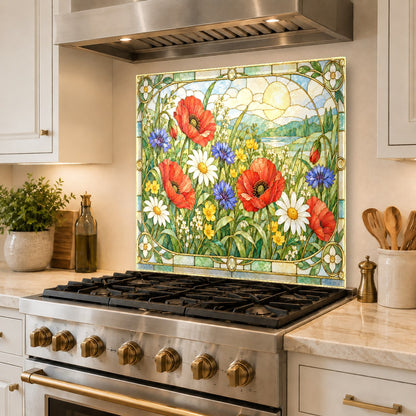 Poppy meadow patterned glass backsplash panel mounted over kitchen sink wall