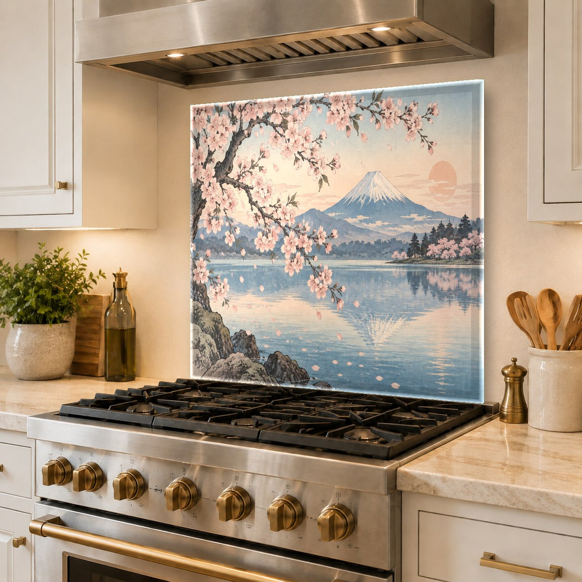 Fuji Blossom decorative kitchen glass backsplash behind a stainless steel sink