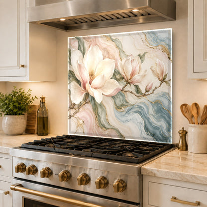 Marble Magnolia floral glass backsplash behind a modern kitchen cooktop