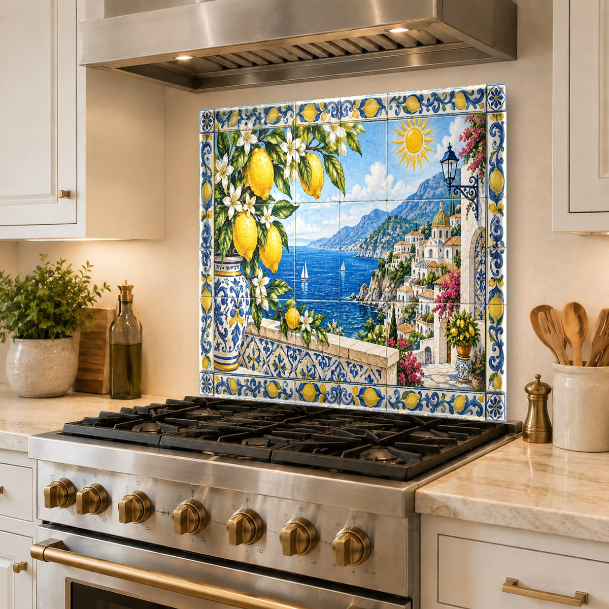 Close-up of vibrant Amalfi lemon backsplash protecting a white subway tile kitchen wall