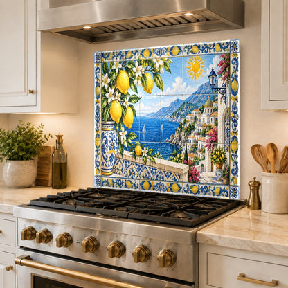 Close-up of vibrant Amalfi lemon backsplash protecting a white subway tile kitchen wall
