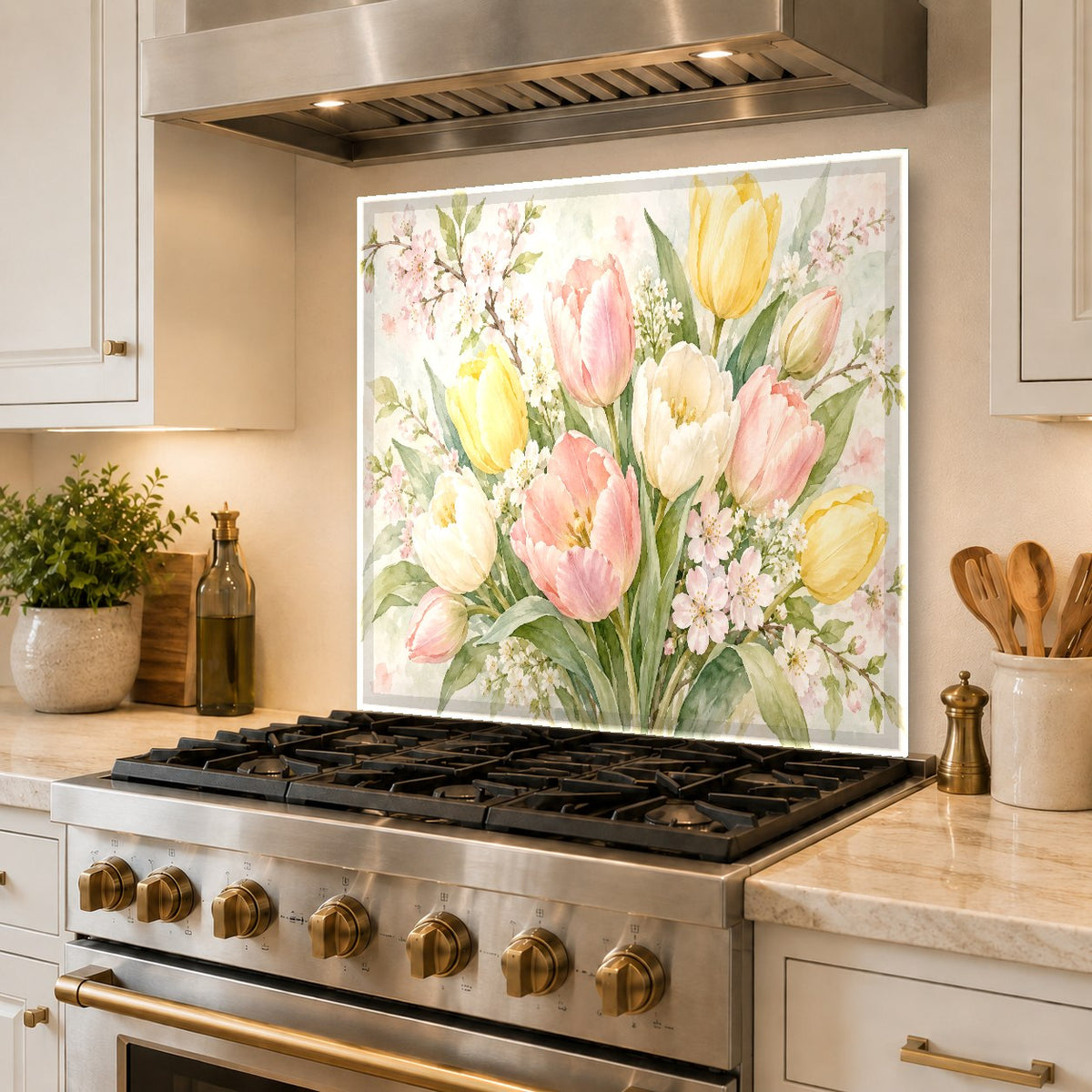 Close-up of watercolor tulips stove splash guard protecting the wall behind burners