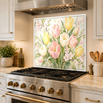 Close-up of watercolor tulips stove splash guard protecting the wall behind burners
