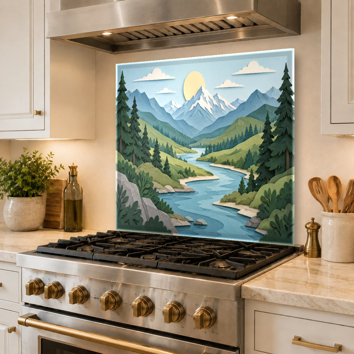 Alpine river scenic kitchen glass backsplash protecting the sink wall from water splashes