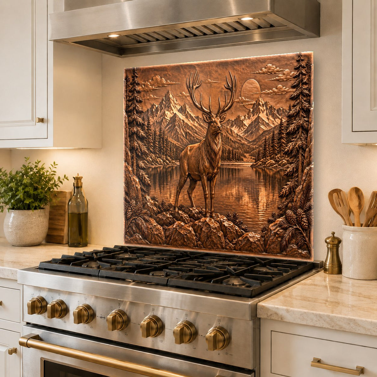 Wildlife themed copper backsplash protecting the kitchen sink wall