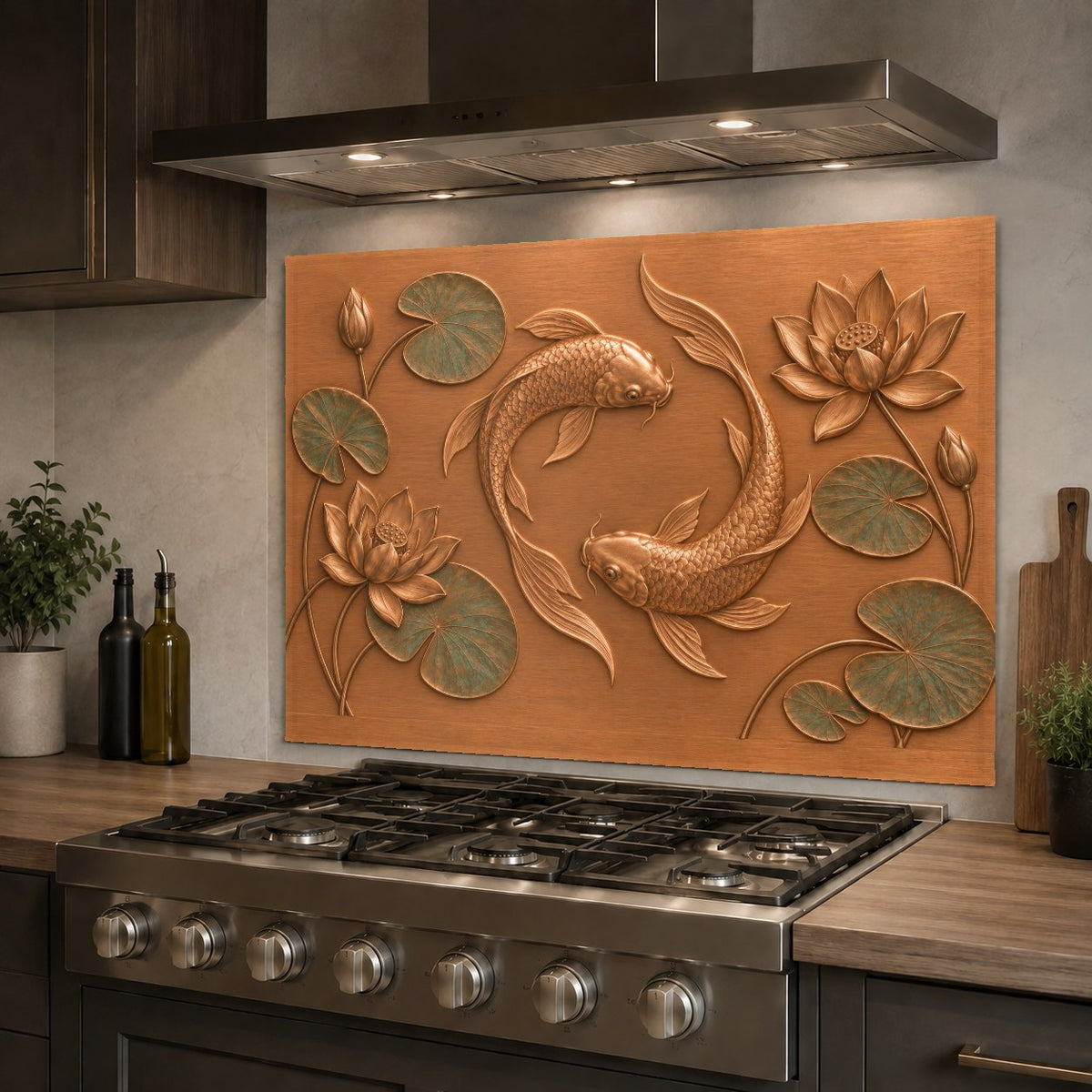 Luxurious lotus koi tempered glass kitchen backsplash behind a kitchen island