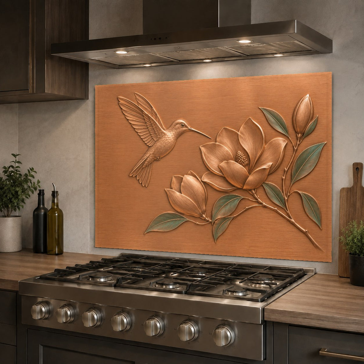 Modern kitchen sink wall protected by a floral glass backsplash panel