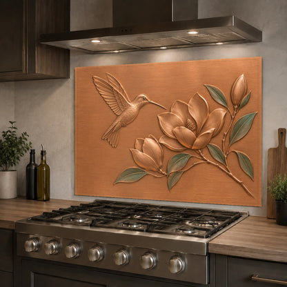 Modern kitchen sink wall protected by a floral glass backsplash panel