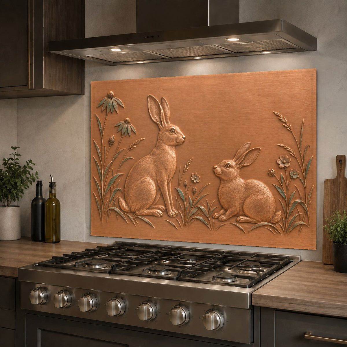 Earthy meadow hares glass backsplash in luxury farmhouse kitchen