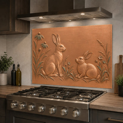 Earthy meadow hares glass backsplash in luxury farmhouse kitchen