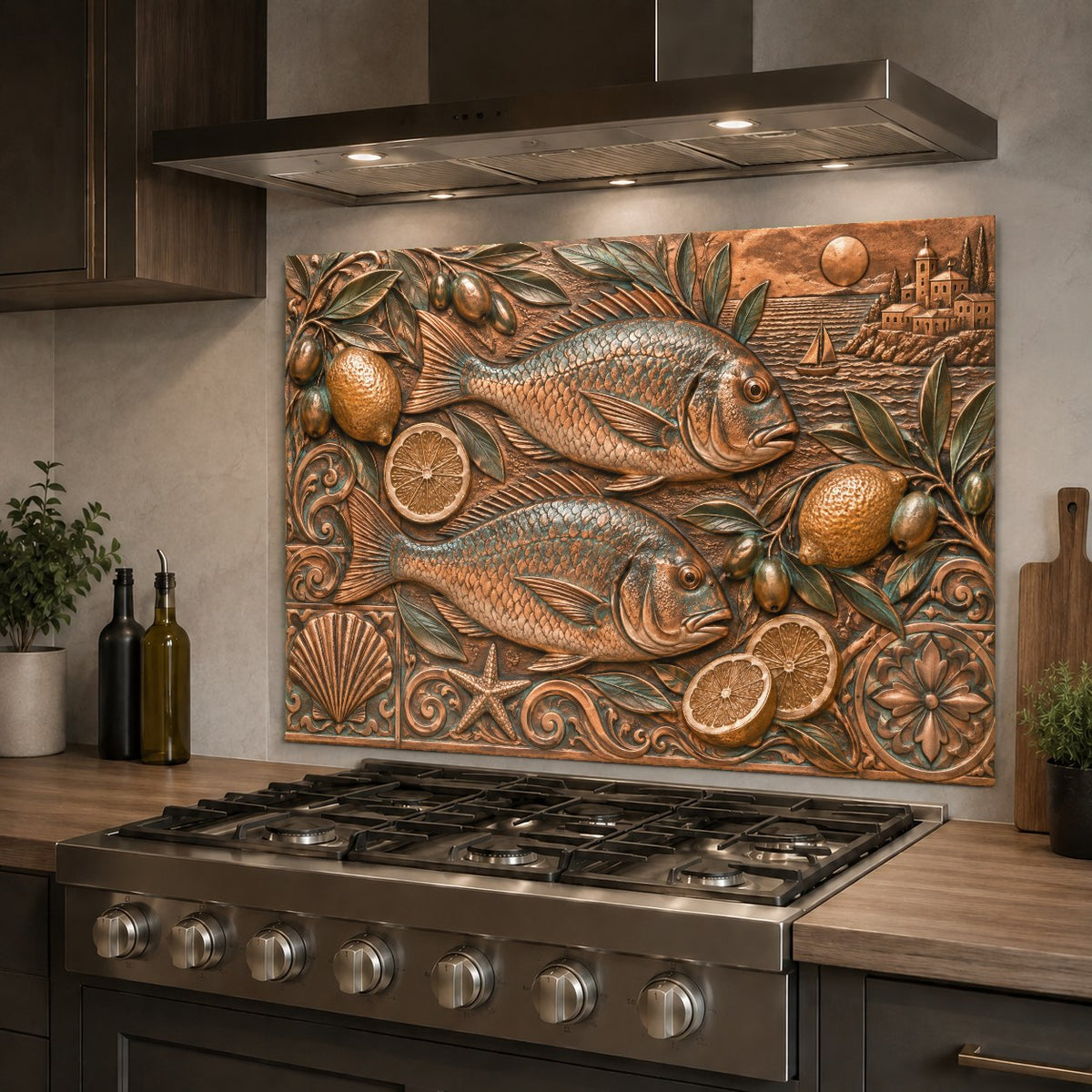 Coastal kitchen glass backsplash installed on a feature wall in a beachhouse