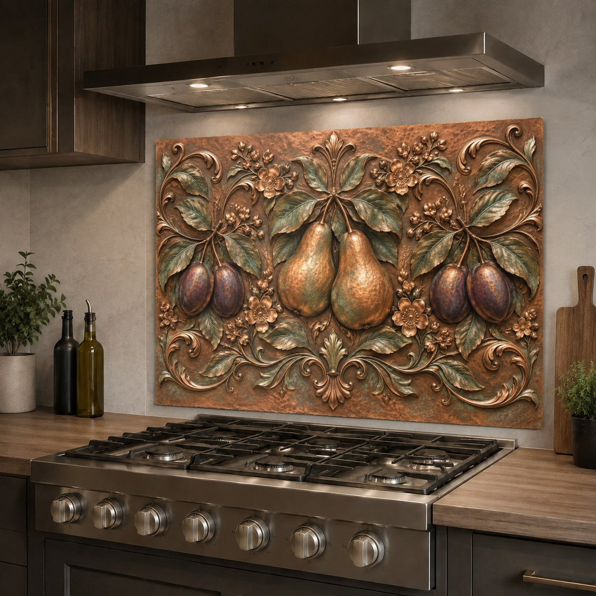 Close-up of vibrant pear and plum fruit pattern on glossy tempered glass backsplash
