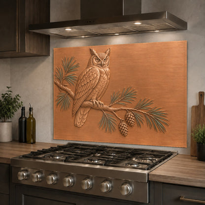 Owl forest print tempered glass backsplash behind a kitchen sink wall