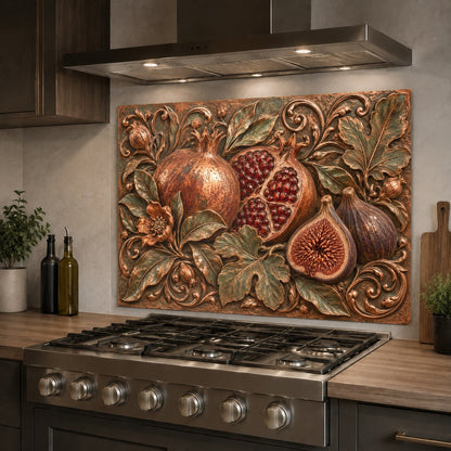 Custom Pomegranate Fig glass backsplash panel installed on a kitchen island wall
