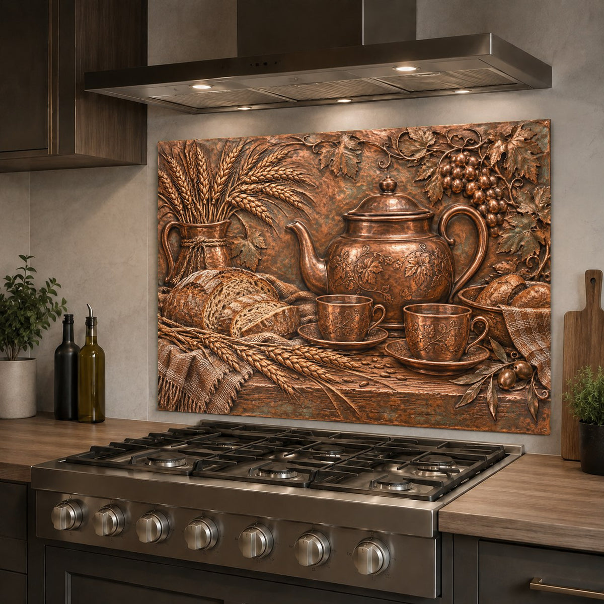 Panoramic view of a kitchen featuring a Rustic Teatime glass backsplash panel over the counter
