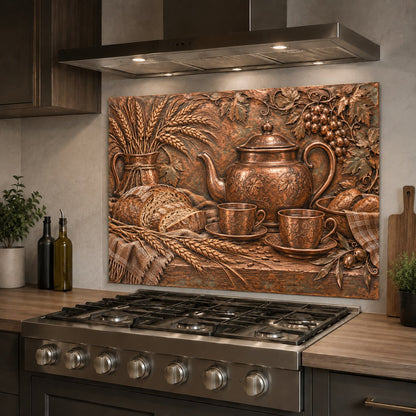 Panoramic view of a kitchen featuring a Rustic Teatime glass backsplash panel over the counter