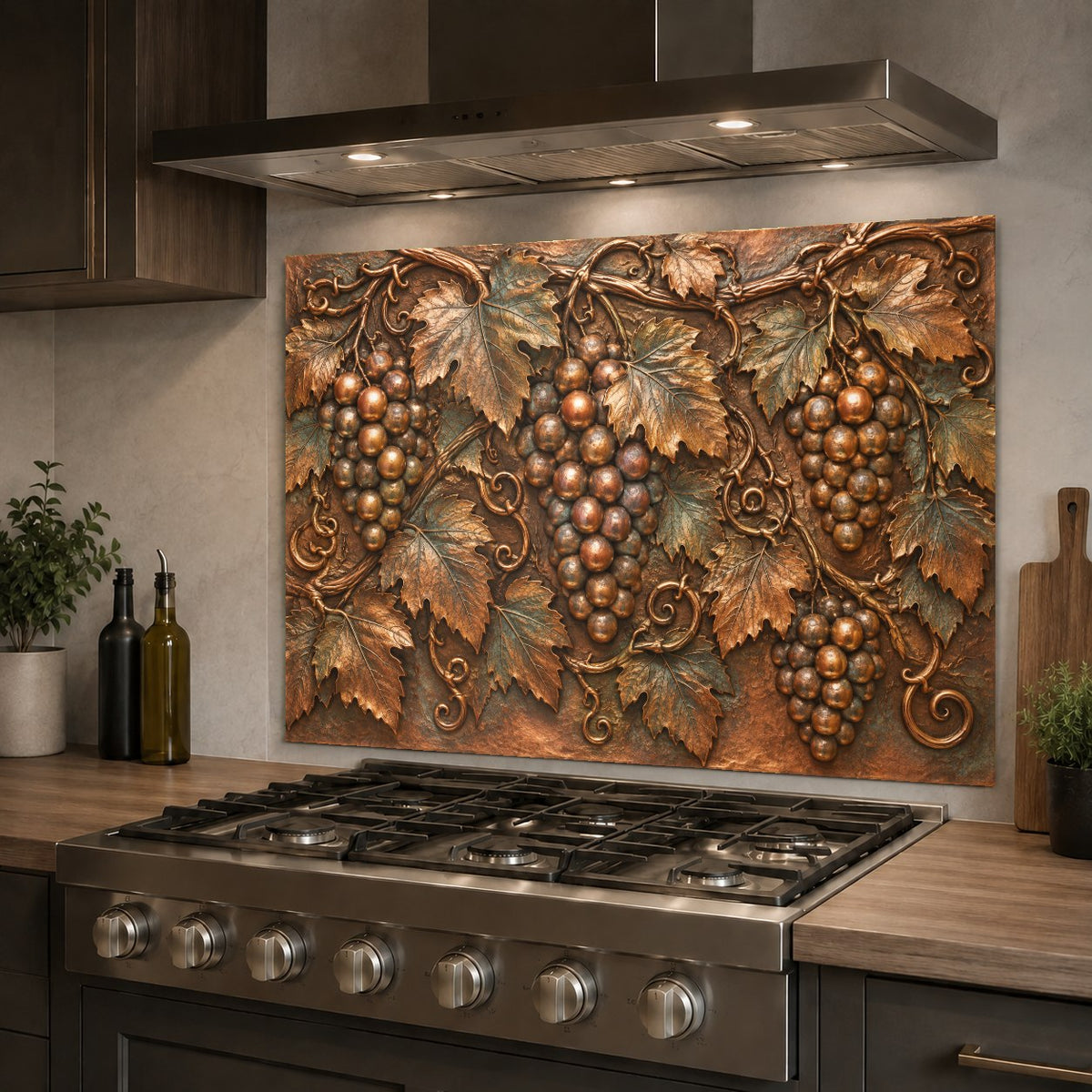 Luxury kitchen sink wall featuring a vibrant Vineyard Grapes tempered glass backsplash