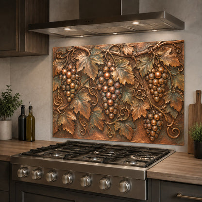 Luxury kitchen sink wall featuring a vibrant Vineyard Grapes tempered glass backsplash