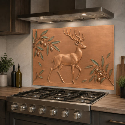 Woodland stag kitchen glass panel installed in a modern kitchen island