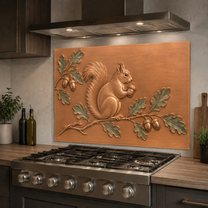 Detail view of the heat-resistant acorn squirrel glass kitchen backsplash glowing under warm under-cabinet lights.