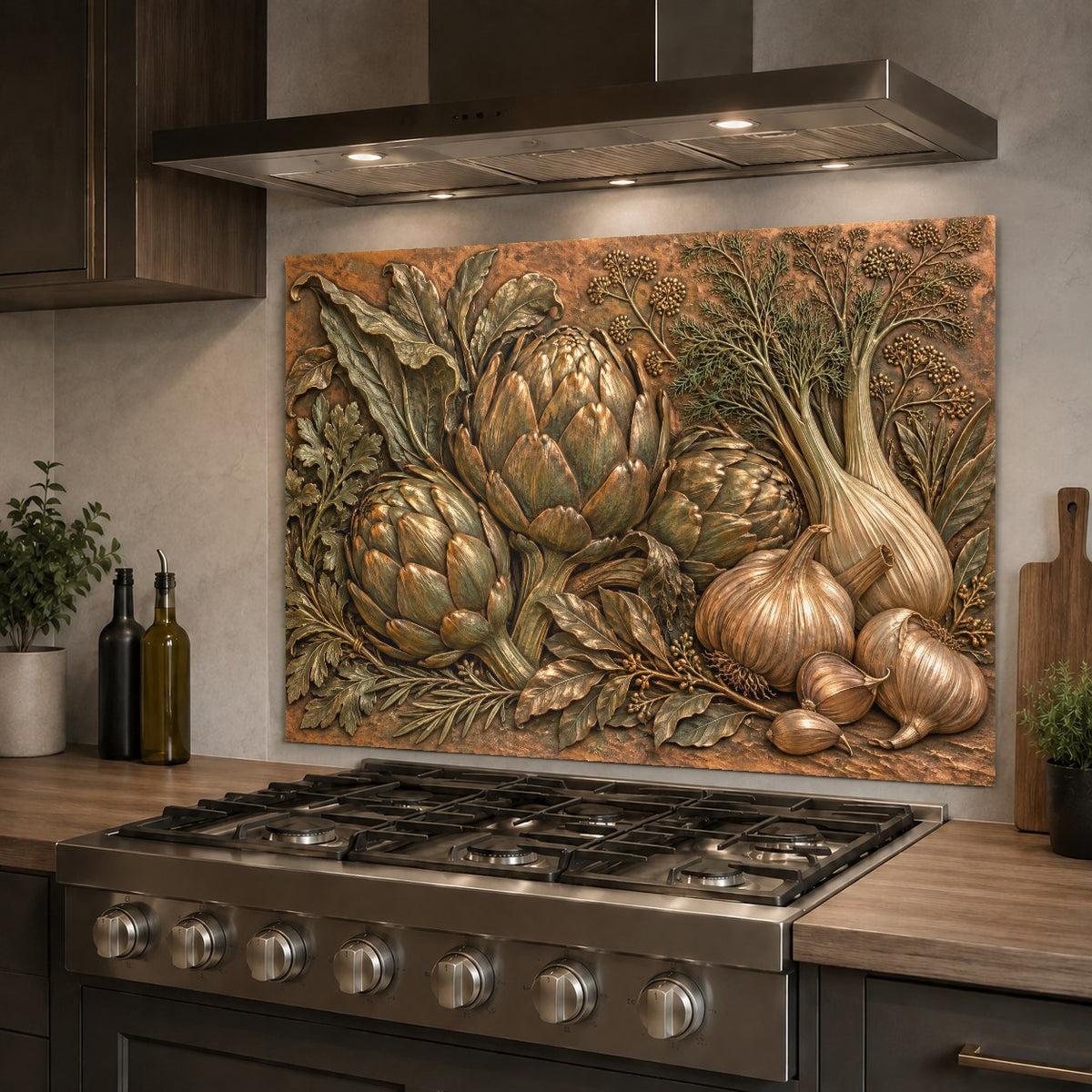 High gloss glass kitchen backsplash panel protecting the main cooking wall