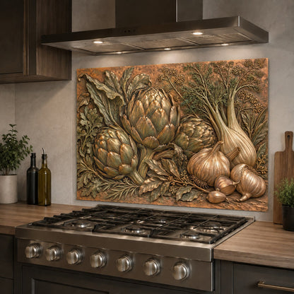 High gloss glass kitchen backsplash panel protecting the main cooking wall
