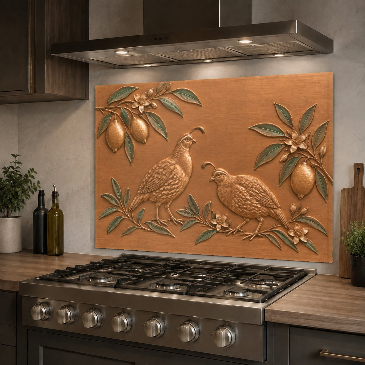 Custom tempered glass kitchen backsplash panel with citrus fruit design on kitchen island