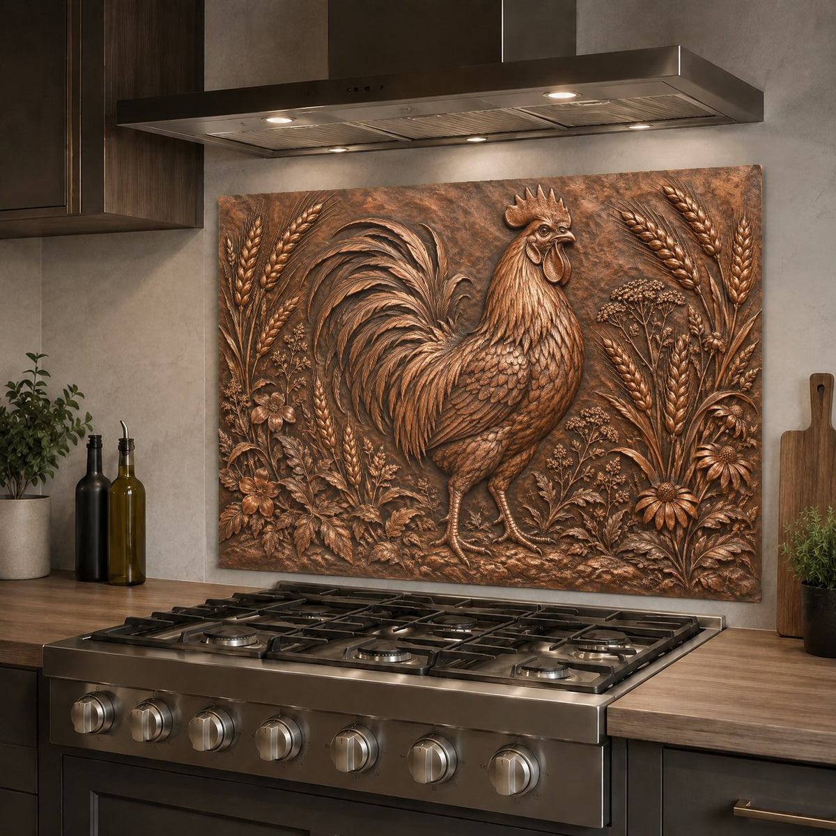 Farmhouse rooster glass backsplash panel featured in a modern country kitchen island